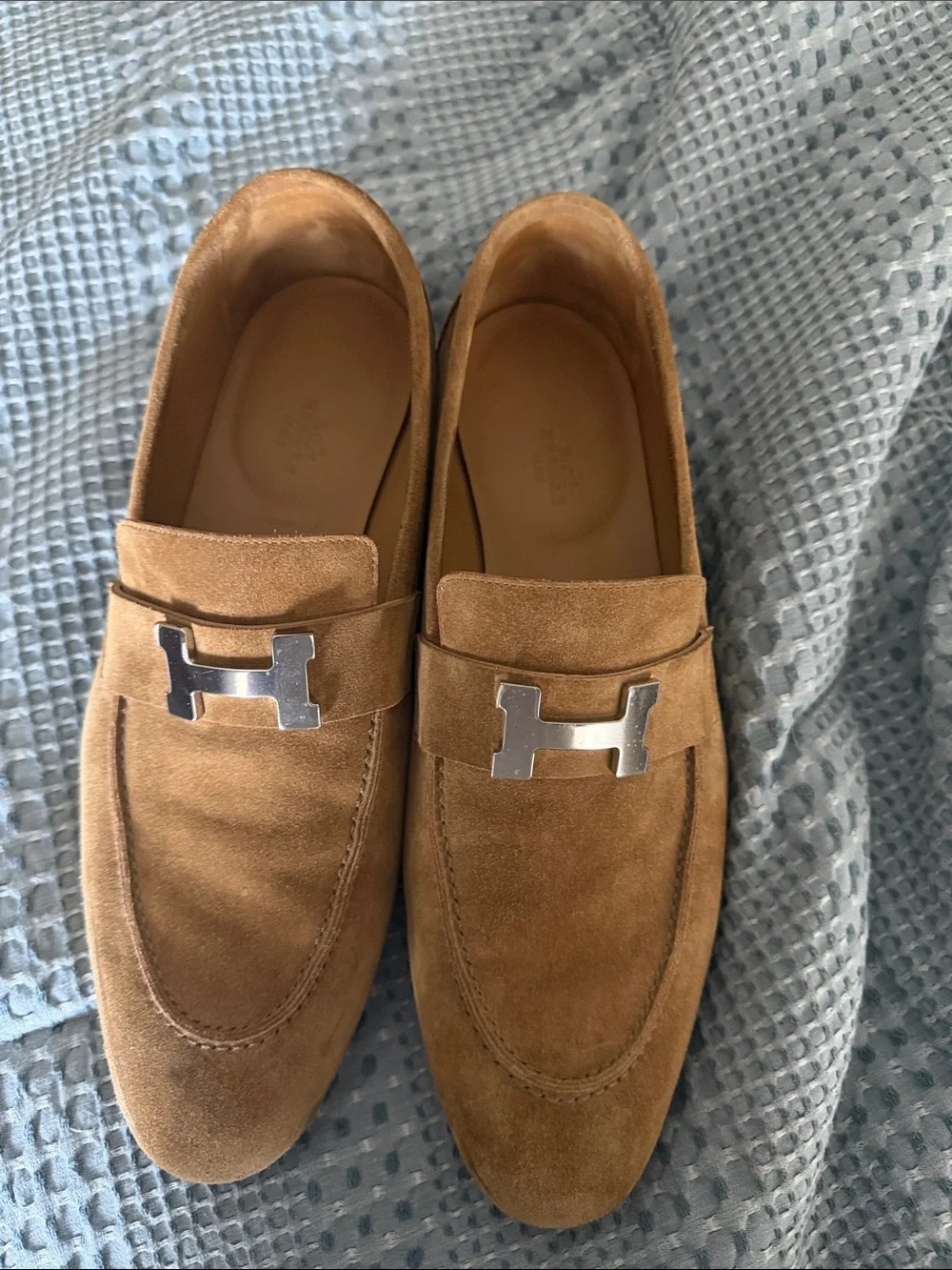 Hermes Tan Suede Bit Loafers with Silver Hardware